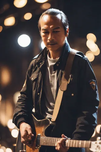 Wearing a black jacket and playing guitar on a stage at night with twinkling lights.,choi kwang-do,guitar player,jazz guitarist,shirakami-sanchi,luo han guo,guitarist,rou jia mo,tan chen chen,miyeok g