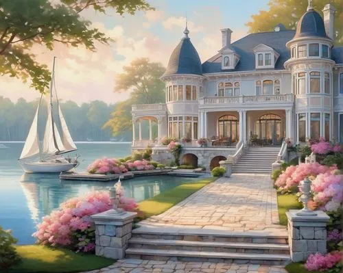 dreamhouse,house by the water,beautiful home,house with lake,neverland,summer cottage,home landscape,luxury property,fairy tale castle,house of the sea,idyllic,summer house,private house,cottage,doll's house,luxury home,houseboat,country house,beauty scene,waterhouses,Conceptual Art,Fantasy,Fantasy 24