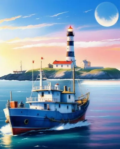 a fishing ship moves to the lighthouse in the distance, the lighthouse has black stripe and  top,a boat sailing in the ocean near a lighthouse,lighthouses,lighthouse,schoolship,electric lighthouse,lig