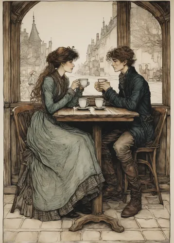 courtship,kate greenaway,young couple,romantic scene,english draughts,as a couple,arthur rackham,conversation,woman drinking coffee,chess game,game illustration,romantic meeting,hamelin,apéritif,tea drinking,café au lait,french valentine,robert harbeck,engagement,women at cafe,Illustration,Retro,Retro 25