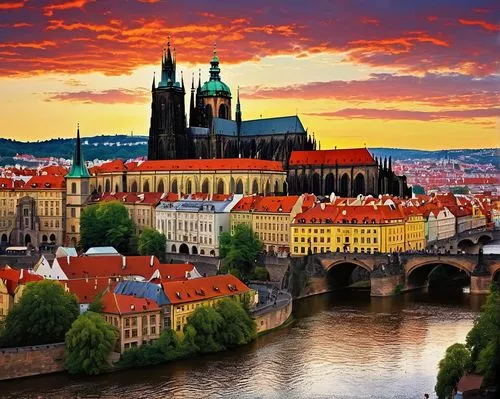 Baroque architecture, Czech Republic, Prague cityscape, St. Vitus Cathedral, grandiose, ornate details, Gothic spires, red tile roofs, stone walls, medieval atmosphere, Charles Bridge, Vltava River, s