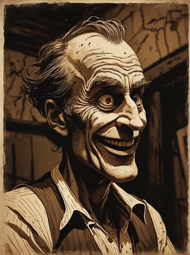 caricaturist,joker,merle black,geppetto,elderly man,lokportrait,creepy clown,angry man,jigsaw,hag,old man,caricature,merle,john day,twitch icon,smoking man,bogeyman,man portraits,david bates,comic character,Art,Classical Oil Painting,Classical Oil Painting 42