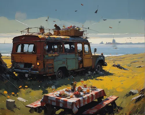 picnic boat,school bus,camper on the beach,travelers,cablecar,schoolbus,fishing boats,red bus,junkyard,cable cars,train,seaside country,vwbus,scrapyard,boat wreck,trolley bus,caravan,fishing trawler,campsite,floating huts,Conceptual Art,Sci-Fi,Sci-Fi 01