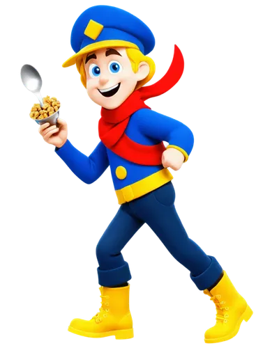 Captain Crunch, cartoon character, yellow skin, blue eyes, white hat, red scarf, golden epaulets, navy blue uniform, shiny boots, holding spoon, breakfast cereal box, dynamic pose, energetic expressio