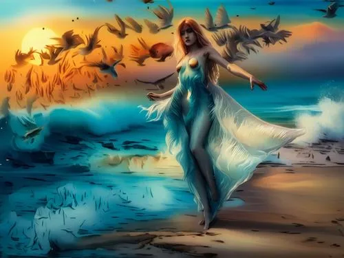 beautiful nude female 35 45 from brazil infront of the sea wave and amazing sunset flying bird above ,a painting of a woman on the beach with seagulls flying above her,mermaid background,fantasy pictu