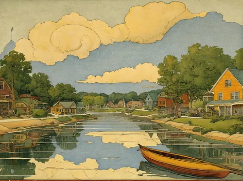 dutch landscape,river landscape,boat landscape,david bates,vincent van gough,dutch mill,coastal landscape,holland,cottages,regatta,groenendael,vintage art,raven river,aurora village,keppelport,greenwood,home landscape,laekenois,escher village,carl svante hallbeck,Illustration,Retro,Retro 19