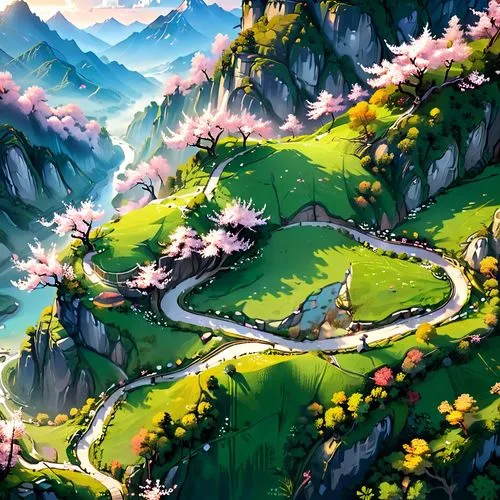 mountain road,winding road,mountain highway,alpine route,winding roads,hairpins,alpine crossing,alpine drive,hiking path,mountain pass,mountain valley,mountain world,the valley of flowers,valley,alpine landscape,roads,mountain spring,racing road,fairy world,fairy forest,Anime,Anime,General