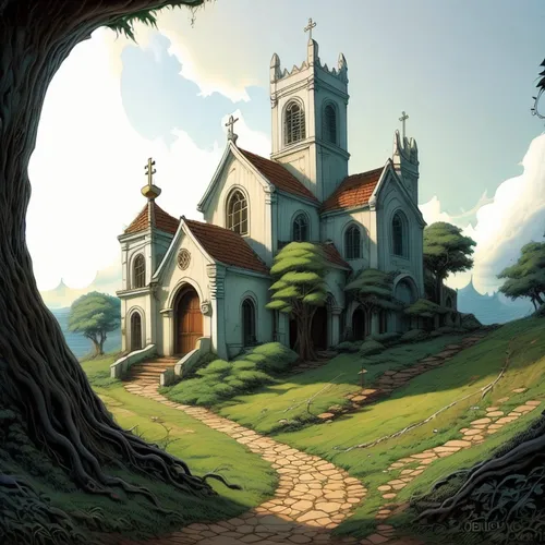 floresta de pinheiros ao redor da igreja,church painting,devilwood,church faith,fredric church,wooden church,cartoon video game background,little church,church,churches,black church,monastery,cathedra