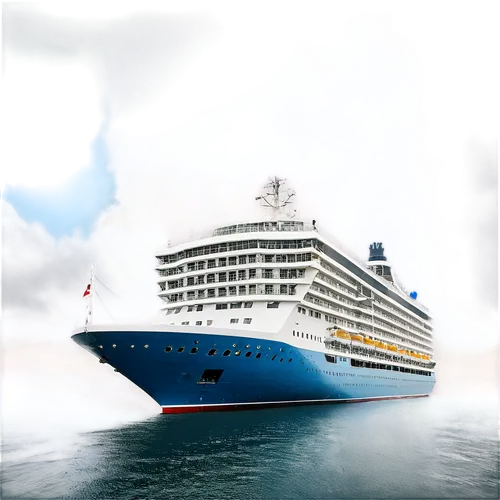 Luxury cruise liner, massive, white, multiple decks, balconies, blue windows, radar mast, anchor, propeller, wake trail, morning mist, golden lighting, 3/4 composition, low angle shot, dramatic clouds