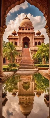 Ancient Indian temple, intricate carvings, ornate pillars, majestic domes, vibrant colors, Hindu mythological sculptures, Mughal Empire inspired archways, marble floors, ornamental facades, grand entr