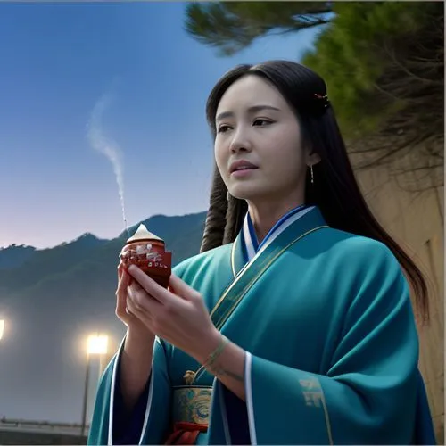 a woman in a blue kimono holding a cup of tea, inspired by Yun Du-seo, cg society contest winner, realism, 35mm 8k product photo, the sorceress casting a fireball, dilraba dilmurat, production still, 