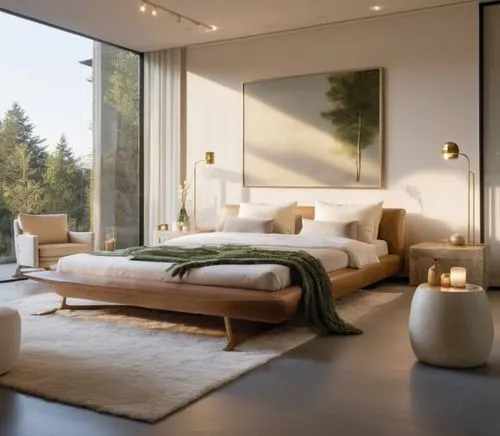 Design a space inspired by the fusion of Japanese and Nordic styles. The environment should be minimalist, with soft and natural tones that evoke calm and serenity. Use light wood for furniture and ac