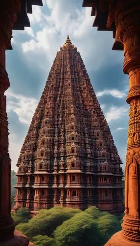 Ancient Indian temple, intricate carvings, ornate sculptures, vibrant colors, red sandstone walls, towering spires, grand entrance gates, majestic pillars, idols of Hindu deities, Garuda and Nandi sta