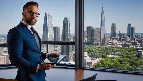 Middle-aged man, Chad Webre, director of architectural design, Freshii, standing, confident posture, black glasses, short brown hair, trimmed beard, white dress shirt, dark blue suit, silver tie clip,