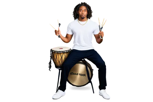 African musician, Afrobeat instrumentalist, solo, (30yo), dreadlocks, gold chain, white shirt, black pants, sneakers, holding drumsticks, playing djembe, warm lighting, shallow depth of field, 3/4 com