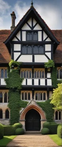 Tudor style architecture, medieval castle, grandeur, symmetrical facade, white stone walls, black timber framing, steeply pitched roofs, red brick chimneys, ornate wooden doors, stained glass windows,