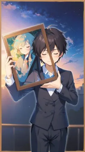 hideharu,photo frame,michiru,tomoharu,incorrupt,world end,holding a frame,holding ipad,rose frame,picture frame,takamio,teika,kawamori,homasho,eisaku,bsd,paper frame,watsuki,clover frame,beit,Anime,Anime,Traditional