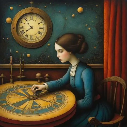 watchmaker,clockmaker,girl with a wheel,fortune teller,horologist,timekeeper,fortuneteller,celebutante,fortune telling,timekeepers,horologium,clockwatchers,astrologer,astrolabe,ball fortune tellers,astrologers,woman playing,clockmakers,tempus,longcase,Illustration,Abstract Fantasy,Abstract Fantasy 09