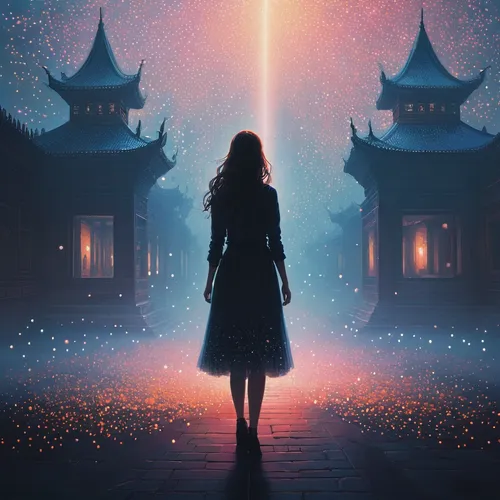 enchanted,girl walking away,starlight,sci fiction illustration,mystical portrait of a girl,dream world,falling stars,magical,world digital painting,fantasy picture,astral traveler,cinderella,mystery book cover,wanderer,light of night,falling star,lights serenade,fantasia,photomanipulation,guiding light,Conceptual Art,Fantasy,Fantasy 32