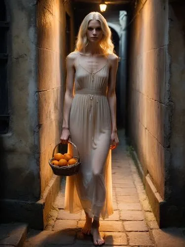 The picture shows a young skinny woman with long, platinum blonde hair standing in a narrow, dark corridor or street. There is a gloomy, mysterious atmosphere. The woman is wearing a long, transparent