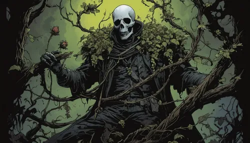 grimm reaper,undead warlock,grim reaper,dance of death,scarecrow,skull bones,dead branches,day of the dead skeleton,reaper,death's head,death god,memento mori,halloween poster,vintage skeleton,crossbones,death's-head,forest man,skulls and,woodsman,skull allover,Illustration,American Style,American Style 06