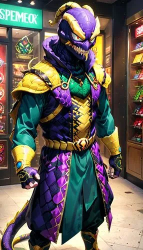 shopkeeper,gear shaper,dodge warlock,vendor,gold shop,shaper,purple and gold,merchant,apothecary,gold bar shop,reptillian,gold and purple,emperor snake,clerk,grenadier,dragon lizard,paysandisia archon,scarabs,thanos,male mask killer,Anime,Anime,General