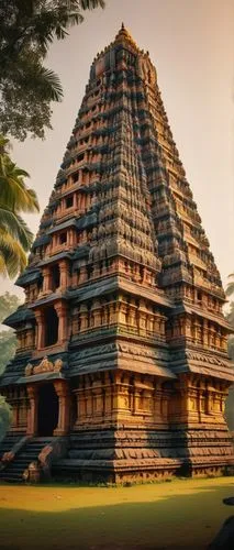 South Indian temple, intricate carvings, ornate pillars, towering gopuram, vibrant Hindu gods sculptures, colorful frescoes, golden domes, majestic entrance gates, lush greenery surroundings, tropical