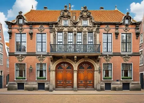 Dutch Baroque architecture, grand entrance, ornate facade, symmetrical composition, rusticated stone walls, intricately carved wooden doors, large windows with pediments, gabled roof with chimneys, co