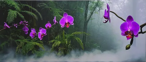 Explore the mystical allure of a phalaenopsis orchid in a misty forest.,flowers png,orchids,wild orchid,epidendrum,penstemons,butterfly orchid,flower background,exotic plants,orchids of the philippine