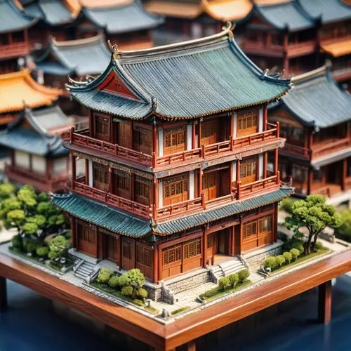 asian architecture,tilt shift,dojo,kyoto,pagodas,teahouses,shuozhou,miniature house,sanshui,wooden houses,fengshui,fenghuang,hanok,qingcheng,roof landscape,siheyuan,guojie,wooden roof,hanhwa,teahouse,Unique,3D,Panoramic