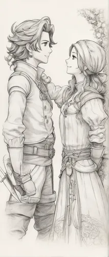 Craft a heartwarming moment as two characters in Project Octopath share their dreams and aspirations.,game illustration,pencil and paper,link,vintage drawing,husband and wife,confrontation,throughout 