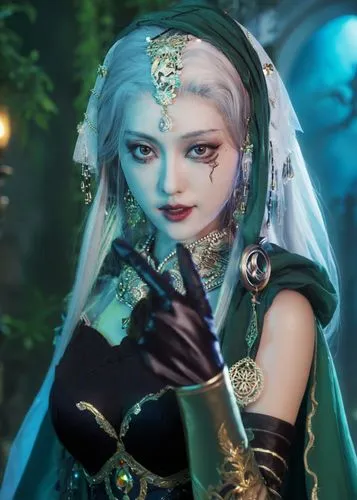 淫靡なる魔装,a beautiful young woman dressed in a costume and gloves,blue enchantress,nitaya,ice queen,bjd,lilandra,elsa