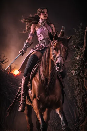 riding a horse at full speed through a lowgrass, hairs flowing freely back, with a crimson sun setting down,horseback,centaur,huntress,bronze horseman,horseman,endurance riding,western riding,weehl ho