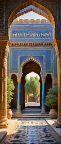 Ancient Persian Empire architecture, majestic palace, intricate stone carvings, ornate columns, golden domes, blue glazed tiles, Persepolis inspiration, symmetrical composition, warm sunlight casting 