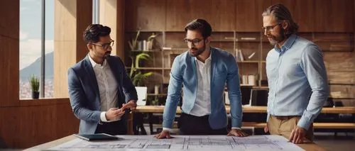 Modern architectural firm, 3 partners, male architects, business casual wear, glasses, facial hair, standing, discussing, gesturing, pointing, blueprints, large wooden desk, minimalist office interior