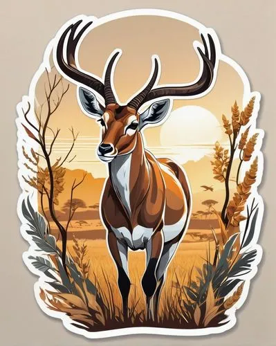 Wild African savannah, golden sunlight filtering through acacia trees, a majestic bushwazee (antelope) with impressive curved horns, brown and white fur, standing proudly in the open grassland, strong