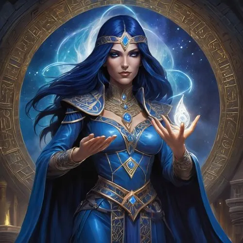 blue enchantress,jaina,yavana,zodiac sign libra,sorceror,prospera,Illustration,Realistic Fantasy,Realistic Fantasy 02