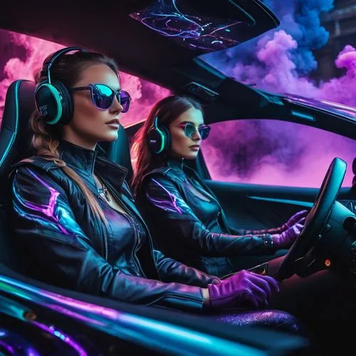 3d car wallpaper,futuristic,witch driving a car,ufo interior,futuristic car,cyberpunk,neon makeup,autonomous driving,cyber glasses,neon lights,electric driving,girl in car,uv,80s,elektrocar,behind the wheel,neon ghosts,vapor,elle driver,car radio,Photography,General,Fantasy