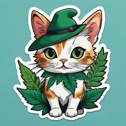 a sticker of a cute cat with cannabis leaves around it


,a cat is sitting with a hat and leaves on its head,marie leaf,kittikachorn,cat sparrow,kitka,mcgonagall,cat vector,Unique,Design,Sticker