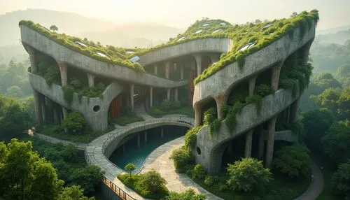 ecotopia,rivendell,fantasy landscape,roof landscape,forest house,nargothrond,futuristic landscape,moss landscape,elves country,ravines,ravine,house in the forest,building valley,walhalla,kudzu,abandoned place,couloumbis,overgrowth,verdant,overpassed,Photography,General,Realistic