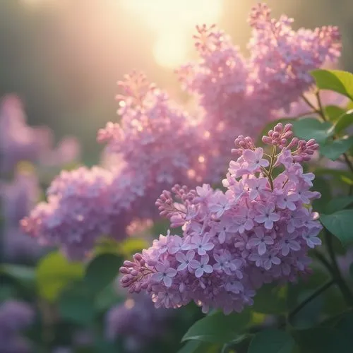 Lilac color, calming atmosphere, serene, peaceful, gentle, soft focus, misty background, warm light, pastel tone, soft petals, delicate flowers, blooming lilacs, garden bench, lush greenery, natural s