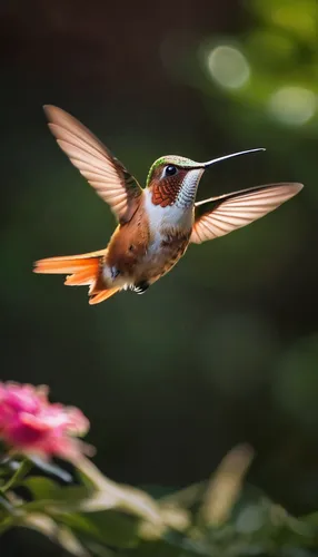 Describe a male rufous hummingbird in a calm garden.,rufous hummingbird,male rufous hummingbird,female rufous hummingbird,rufous,cuba-hummingbird,humming bird,humming-bird,ruby-throated hummingbird,hu