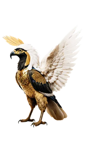 Ancient Egyptian god, Horus, majestic wings, feathered, gold and white plumage, outstretched, detailed textures, mythical creature, solo, profile view, dramatic lighting, intense gaze, cinematic compo