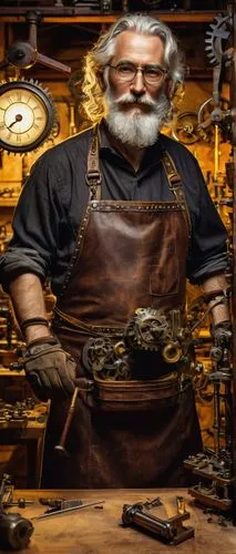 Da Vinci-inspired robotic inventor, standing, aged 40-50, white hair, beard, mustache, glasses, leather-bound apron, worn gloves, wooden workshop, old machines, gears, cogs, blueprints, sketches, Rena