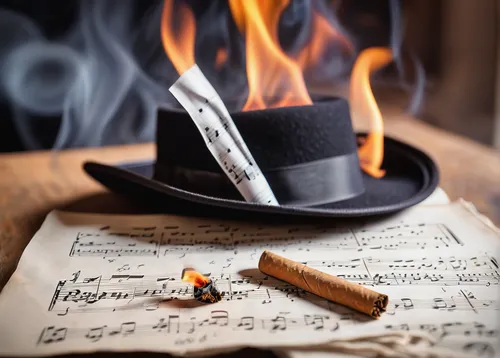 Photo of a hat, sheet music and a burning cigarette,stovepipe hat,vintage ilistration,music instruments on table,camacho trumpeter,musical instruments,violin key,blues harp,musical paper,songbook,musi