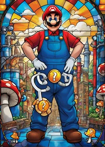 Mario, overweight, red hat, blue overalls, white gloves, mustache, cheerful face, standing, hands on hips, city streets, pipes, question mark blocks, mushrooms, sunny day, bright colors, cartoonish st