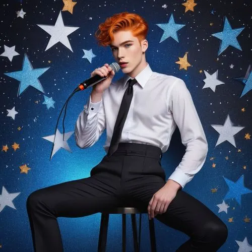 Ginger twink, male idol, 20s, bright orange hair, bold eyebrows, sparkling blue eyes, glamorous makeup, fitted white shirt, skinny black tie, high-waisted tight red pants, pointed silver boots, posing