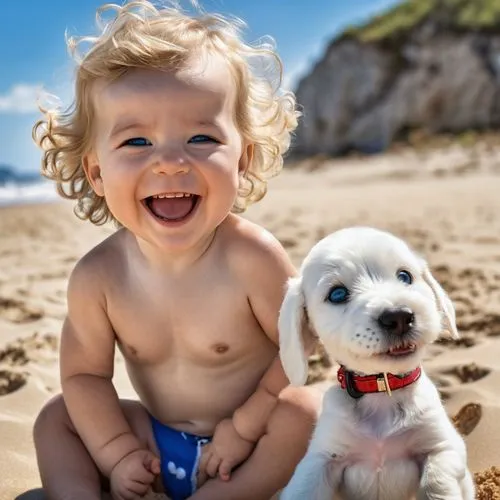 Snoopy, on a sandy beach , sitting near her is a cute baby boy, with curly blond hair, big blue eyes, she is laughing at  Snoopy,boy and dog,cute puppy,playing in the sand,cheerful dog,pet vitamins & 