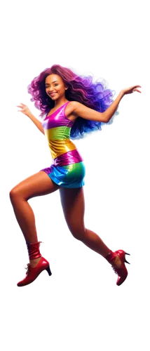 Cartoonish person, dancing, dynamic pose, vibrant colorful clothing, flowing hair, joyful facial expression, sparkling eyes, shiny skin, glossy lips, rhythmic movement, energetic atmosphere, warm ligh