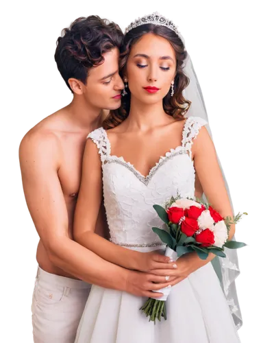 Bride, wedding dress, white veil, tiara, pearl necklace, red lips, smoky eyes, curly brown hair, bouquet of flowers, holding hands with groom, standing, romantic, warm lighting, soft focus, shallow de